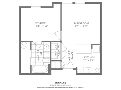 A floor plan of a small apartment with a bedroom, living room, laundry area, and kitchen.